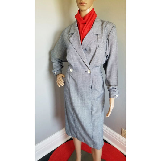 70s Vintage Stuart Alan Navy & White Houndstooth Faux Wrap Dress - M
