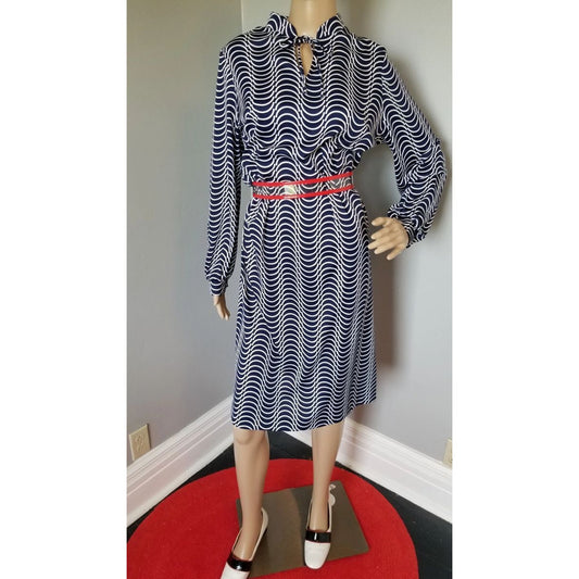 70s Vintage Navy and White Shift Dress by Honeycomb, "bee comes you" - L