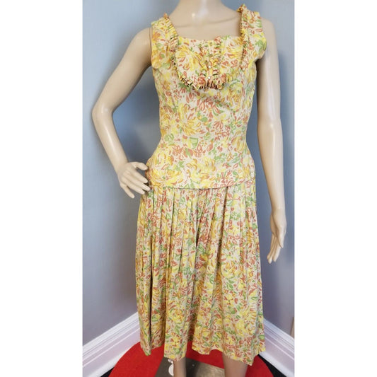 50s Vintage Ruffled Cotton Frock in Fall Colors - XS