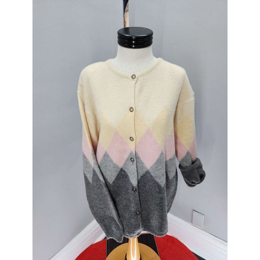 80s Vintage Jantzen Cardigan Sweater, Gray, Pink & Cream - L