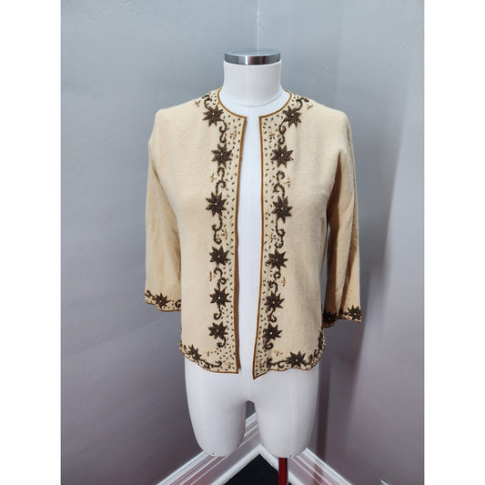 50s Vintage King's Sweater Ecru  Beaded Cardigan - L