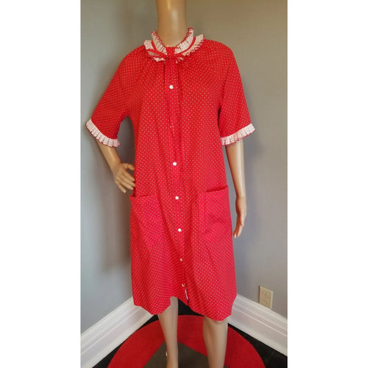 70s Vintage Models Coat in Sweet Red & White Polka-dots - L