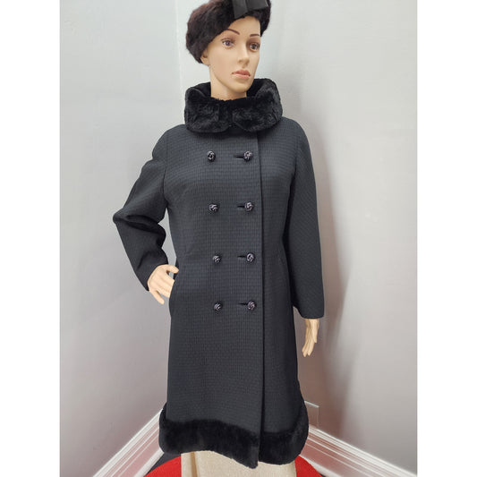 60s Vintage Textured Wool Coat with Fur Collar and Hem - M / L
