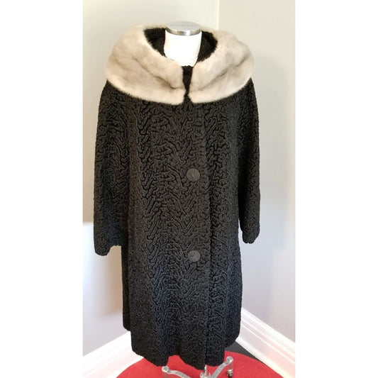 60s Vintage Faux Black Curly Lamb with Silver Mink Collar - XXL