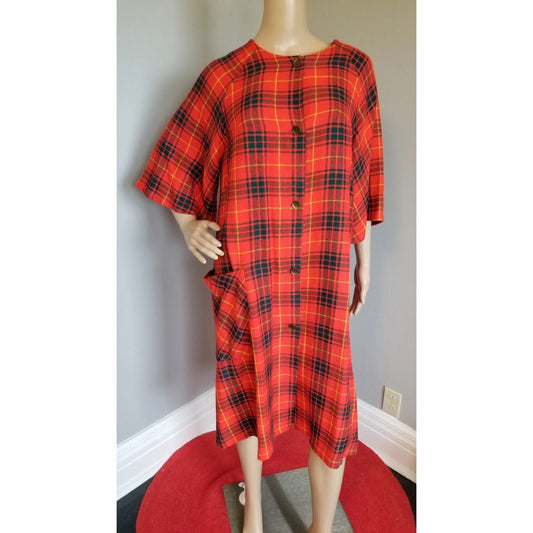 60s Vintage Plaid Robe in Red, Gold and Green - M/L