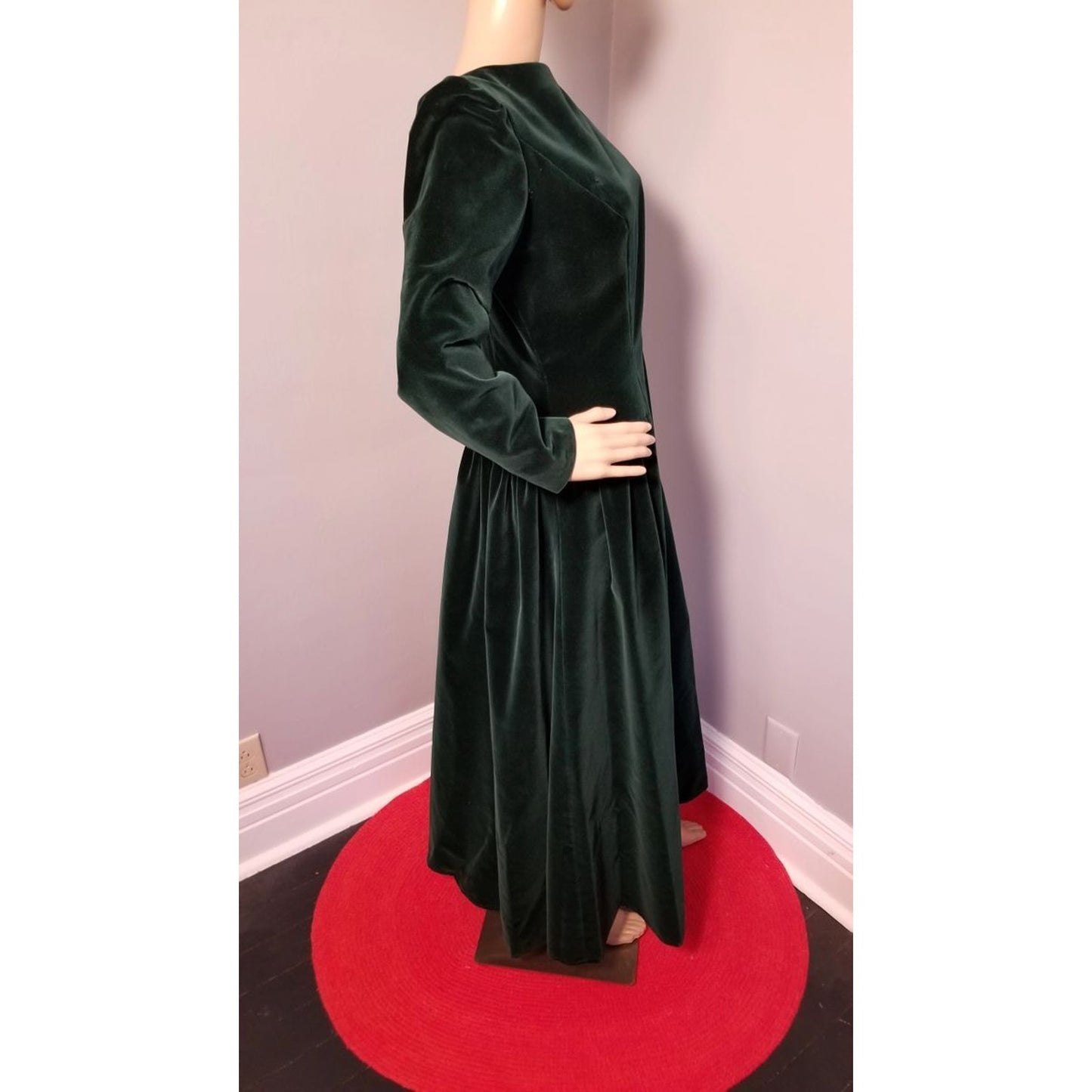 80s Vintage House of Bianchi Deep Hunter Green Velvet Maxi Dress - M/L