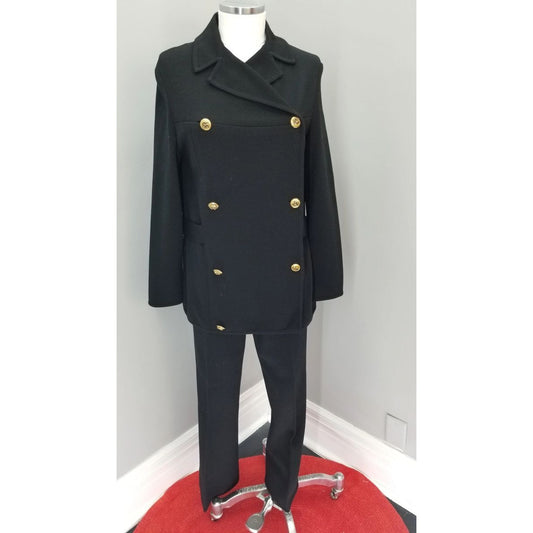 80s Vintage Giana Double Breasted Black Wool Knit Pant Suit - M