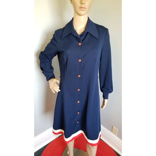 70s Vintage Verona Knits Navy A-Line Dress with Red & White Trim - L