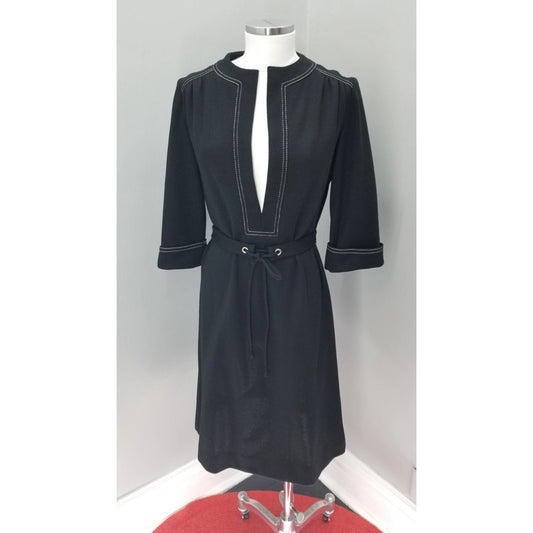 70s Vintage R&K Knits Classic Black with White Stitching Shift Dress - M