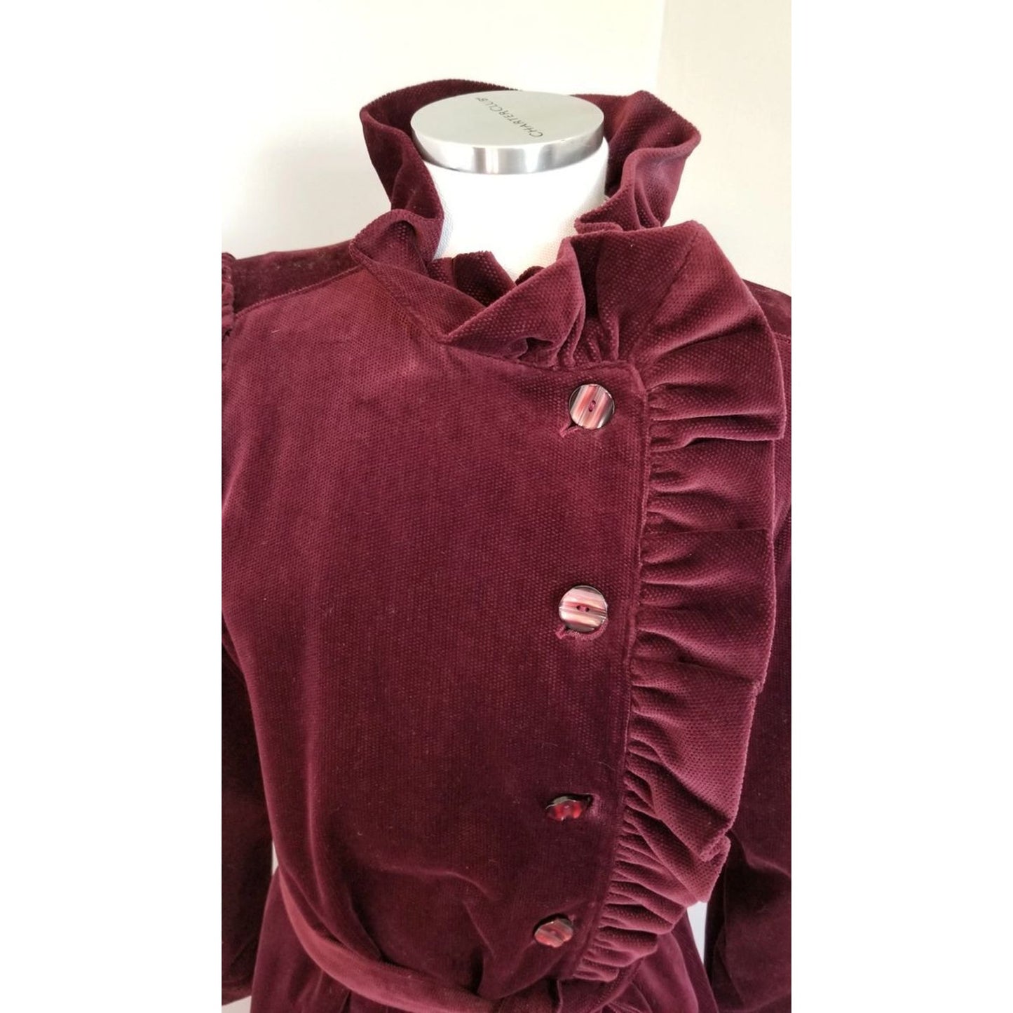 80s Vintage mhi Velvet Textured Ruffle Overcoat - M