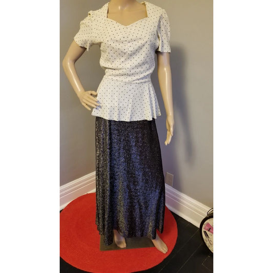 70s Vintage Lurex Peplum Dress, Black, White & Silver Maxi Evening Dress - S