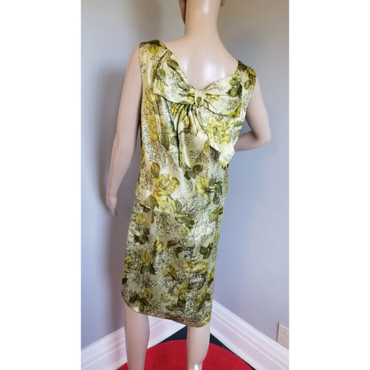 50s Vintage Mardi Gras Silk Dress in Greens and Silver - M