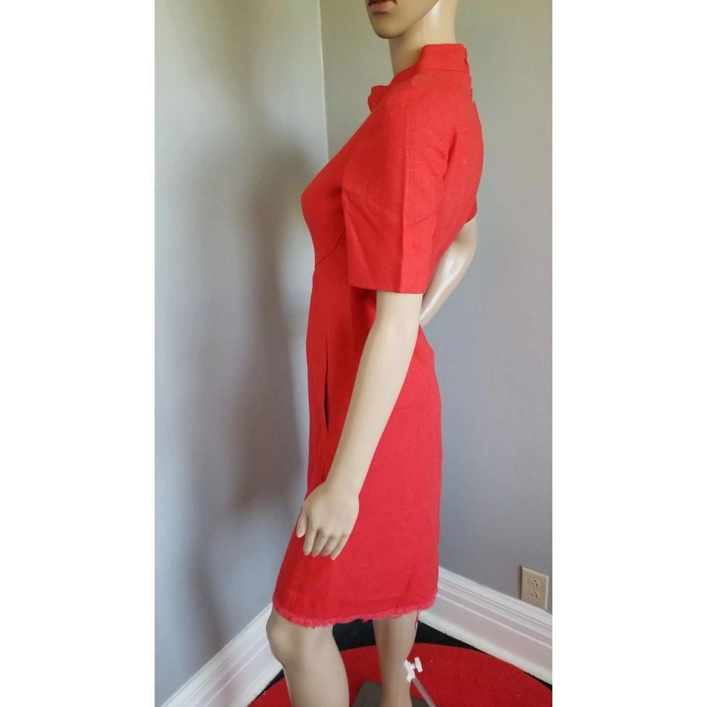 70s Vintage Red Linen Tailored, Empire Waist Sheath Dress - S