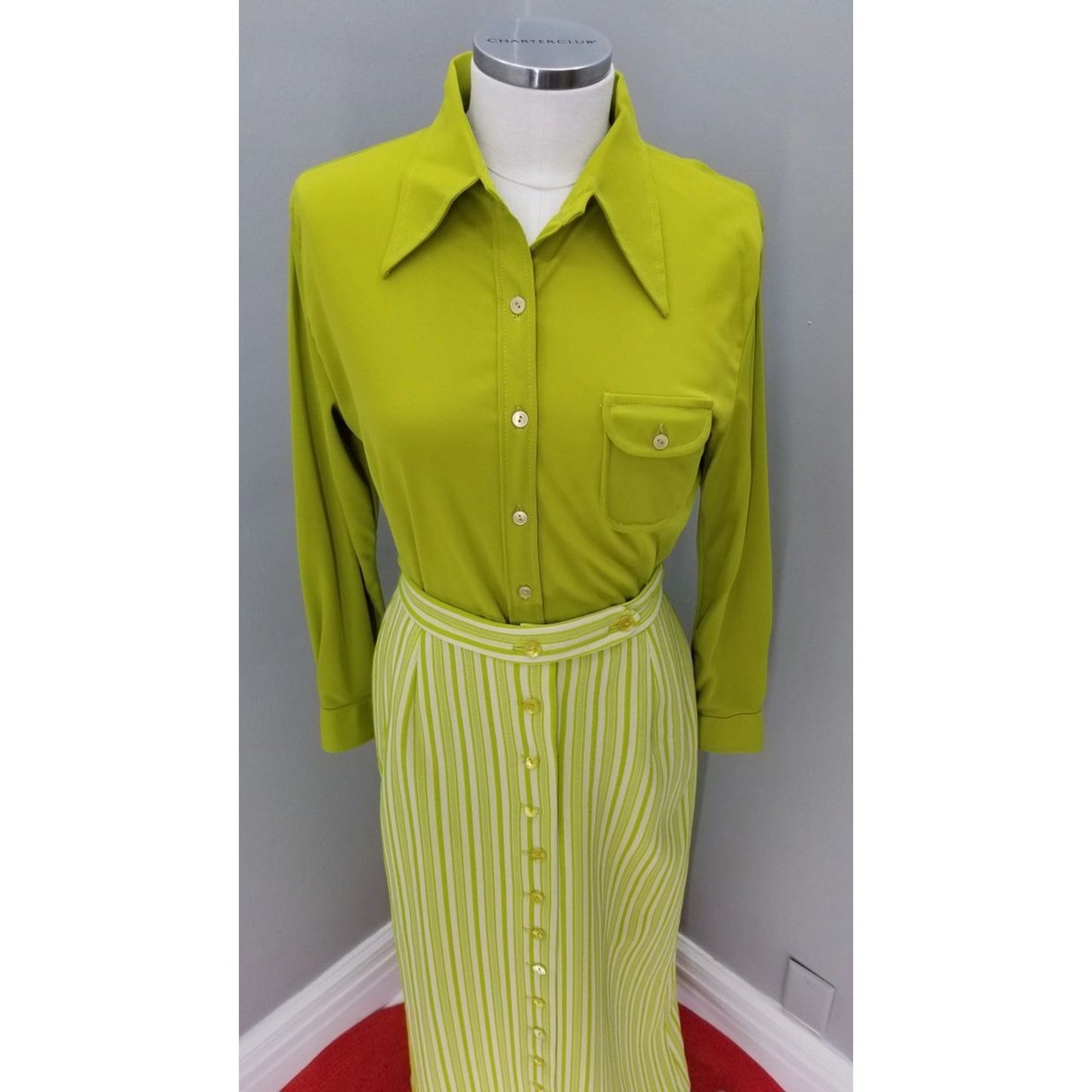 70s Vintage Dark Chartreuse Blouse and Maxi Skirt - M