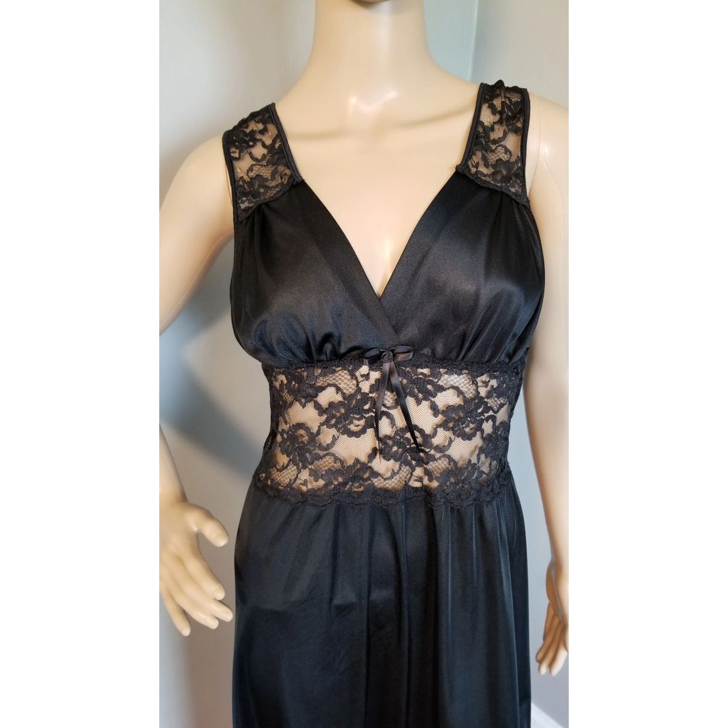 70s Vintage Adonna Black Column Gown with Lace Torso - L