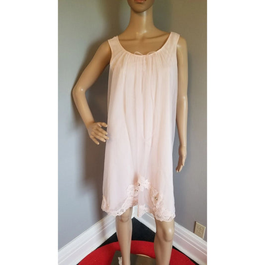 70s Vintage Warm Pink Nylon and Lace Nightie - S