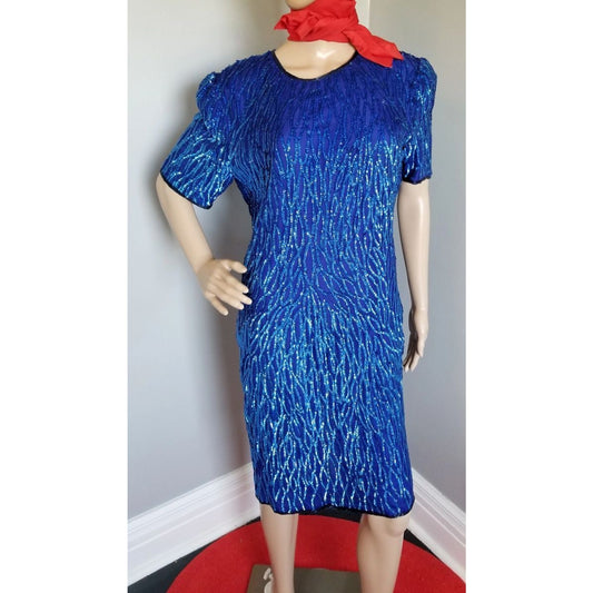 80s Vintage Carina Royal Blue Sequined Dress - M