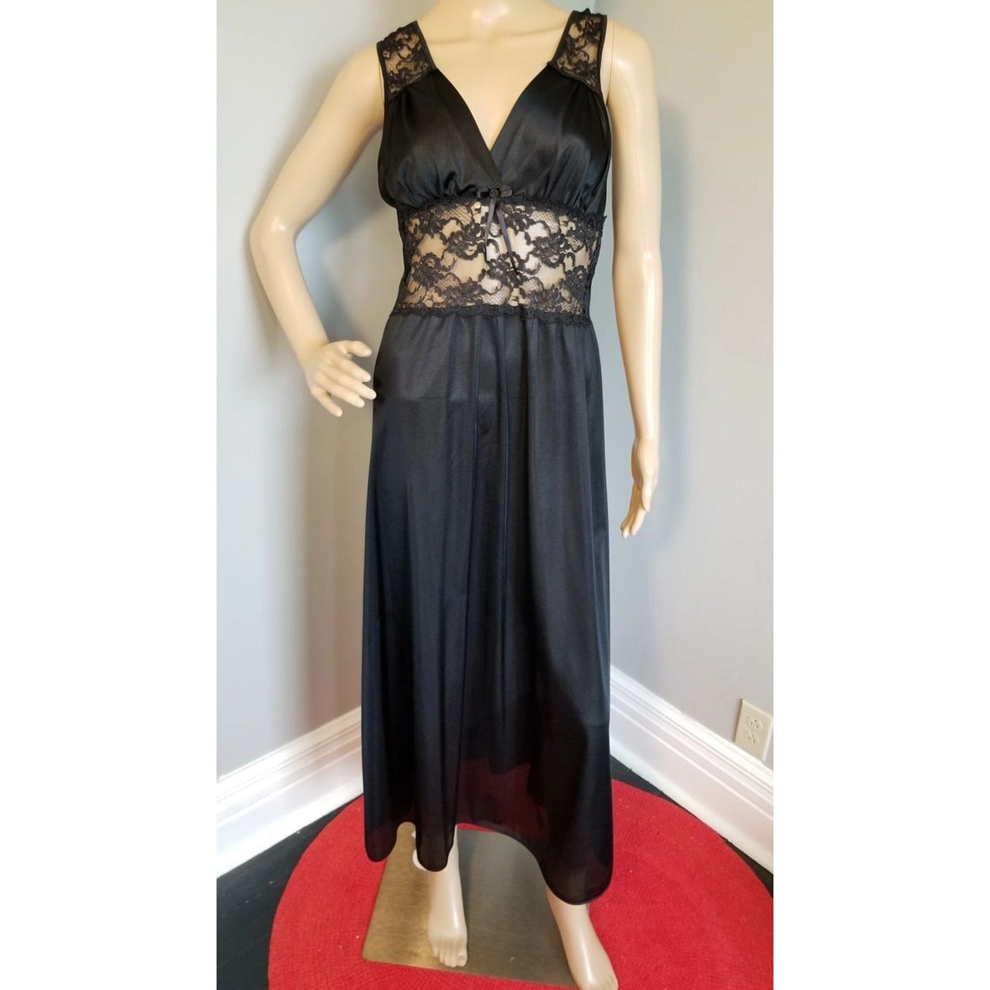70s Vintage Adonna Black Column Gown with Lace Torso - L