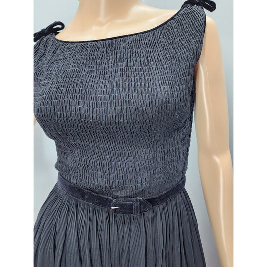 50s Vintage Black Chiffon over Satin Shirred Dress with Velvet Detail - XS