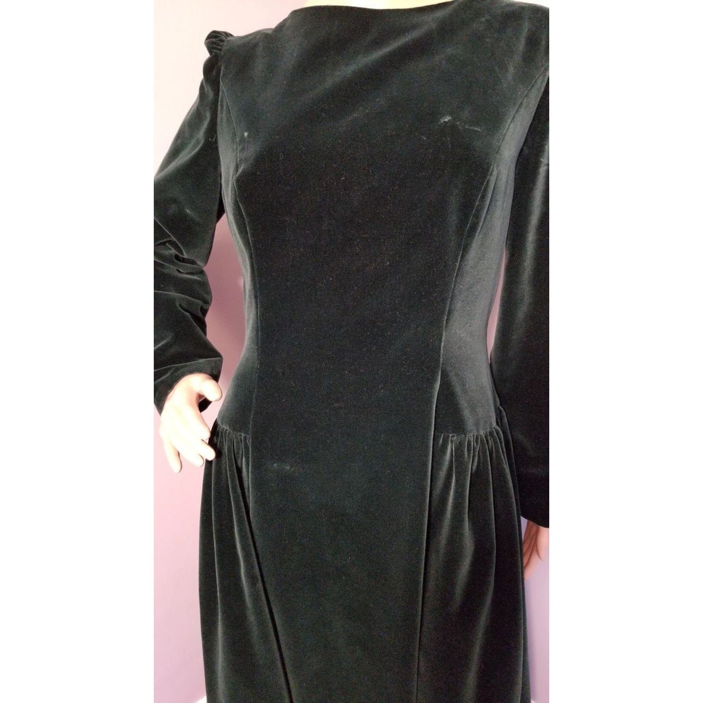 80s Vintage House of Bianchi Deep Hunter Green Velvet Maxi Dress - M/L