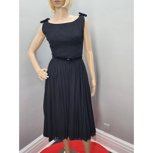 50s Vintage Black Chiffon over Satin Shirred Dress with Velvet Detail - XS