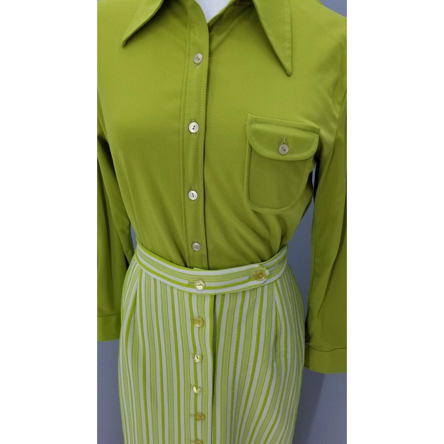 70s Vintage Dark Chartreuse Blouse and Maxi Skirt - M