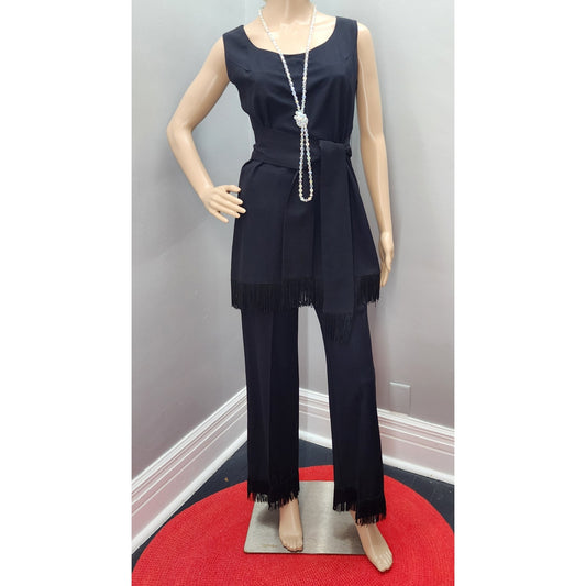 70s Vintage Black Cocktail Pant Suit with Fringe Detail