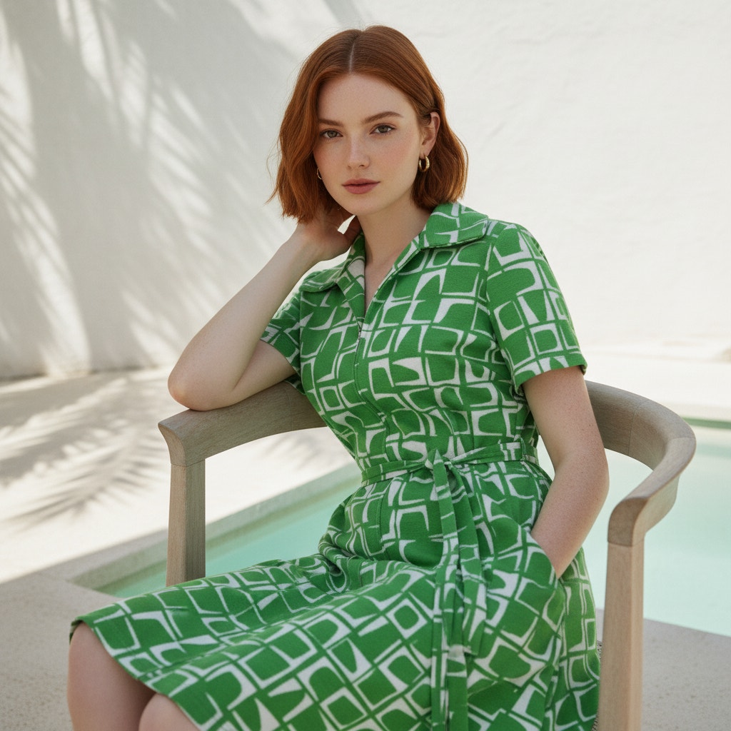 70s Vintage Flutterbye Geometric Front Zip Day Dress - L