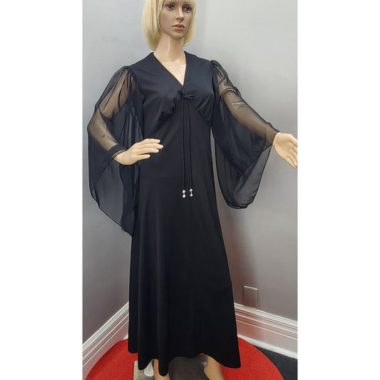 70s Vintage Sears Fashion Black Angel Sleeve Maxi - M