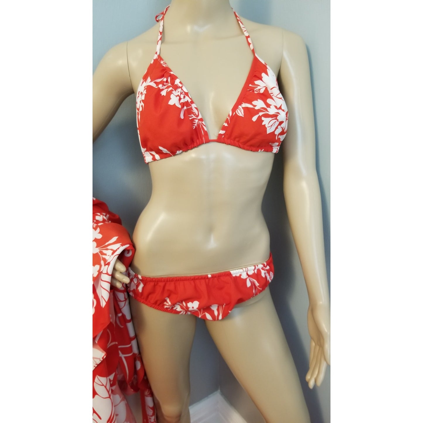 70s Vintage Hilo Hattie Red and White Bikini Swim / Sarong Set - XL
