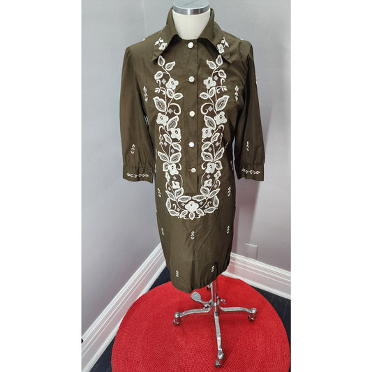 70s Vintage Tesoro's Embroidered Brown Shift Dress - S