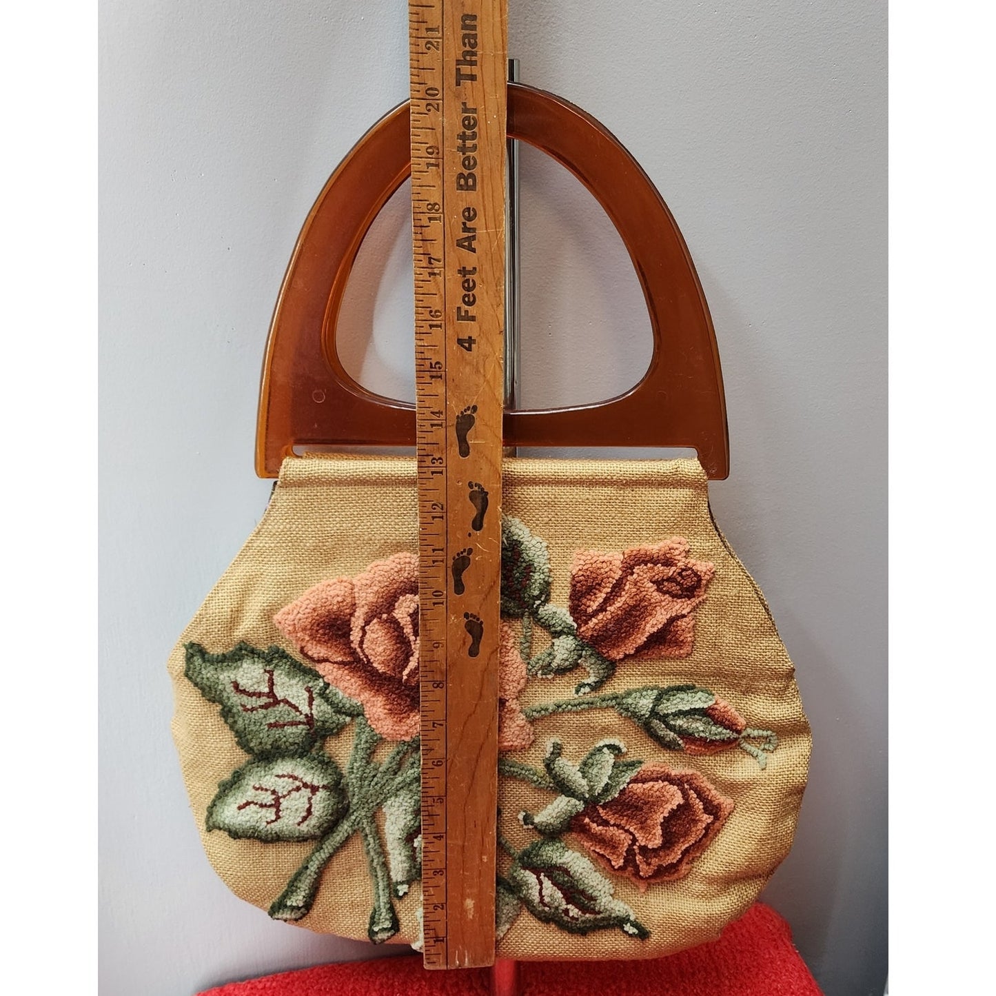 70s Vintage Handmade Sac Purse, Embroidery on Burlap, Large