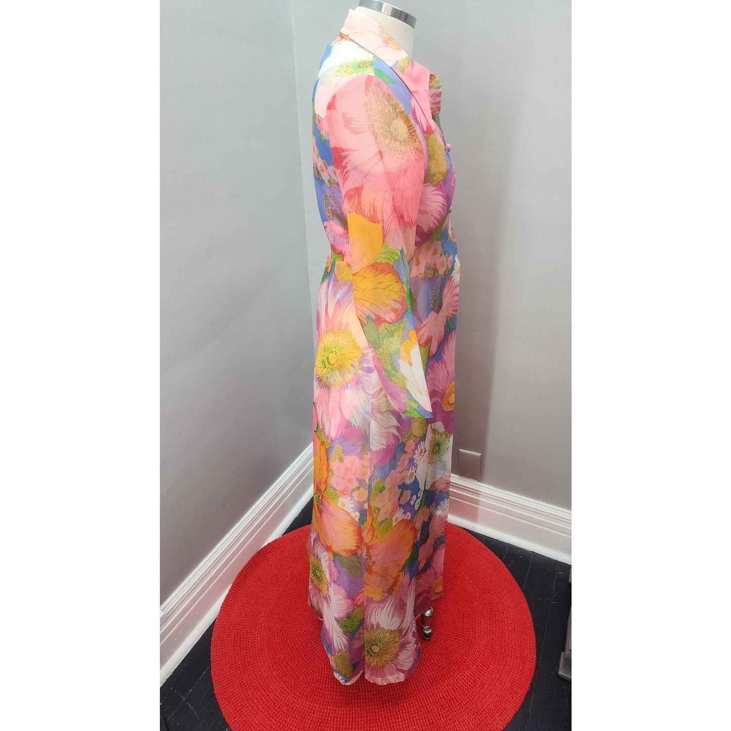 70s Vintage Poppy Maxi Dress with Matching Duster Jacket - S