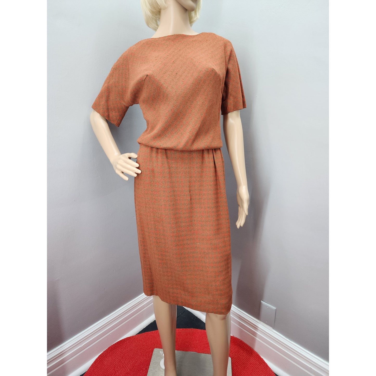 40s Vintage Domino Red & Brown Plaid lightweight Wool Blend Dress - S