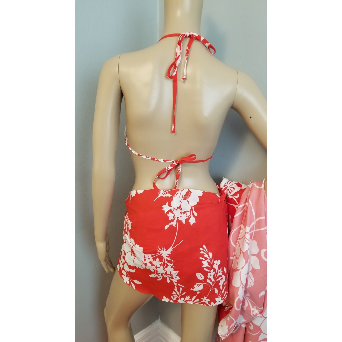 70s Vintage Hilo Hattie Red and White Bikini Swim / Sarong Set - XL