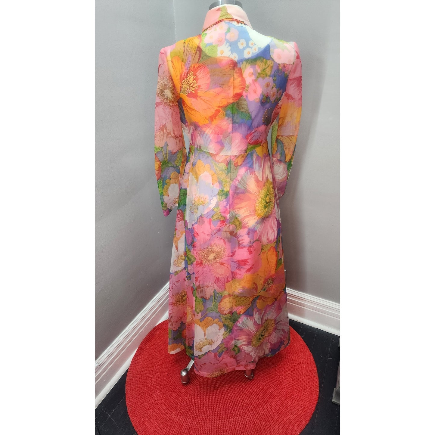 70s Vintage Poppy Maxi Dress with Matching Duster Jacket - S