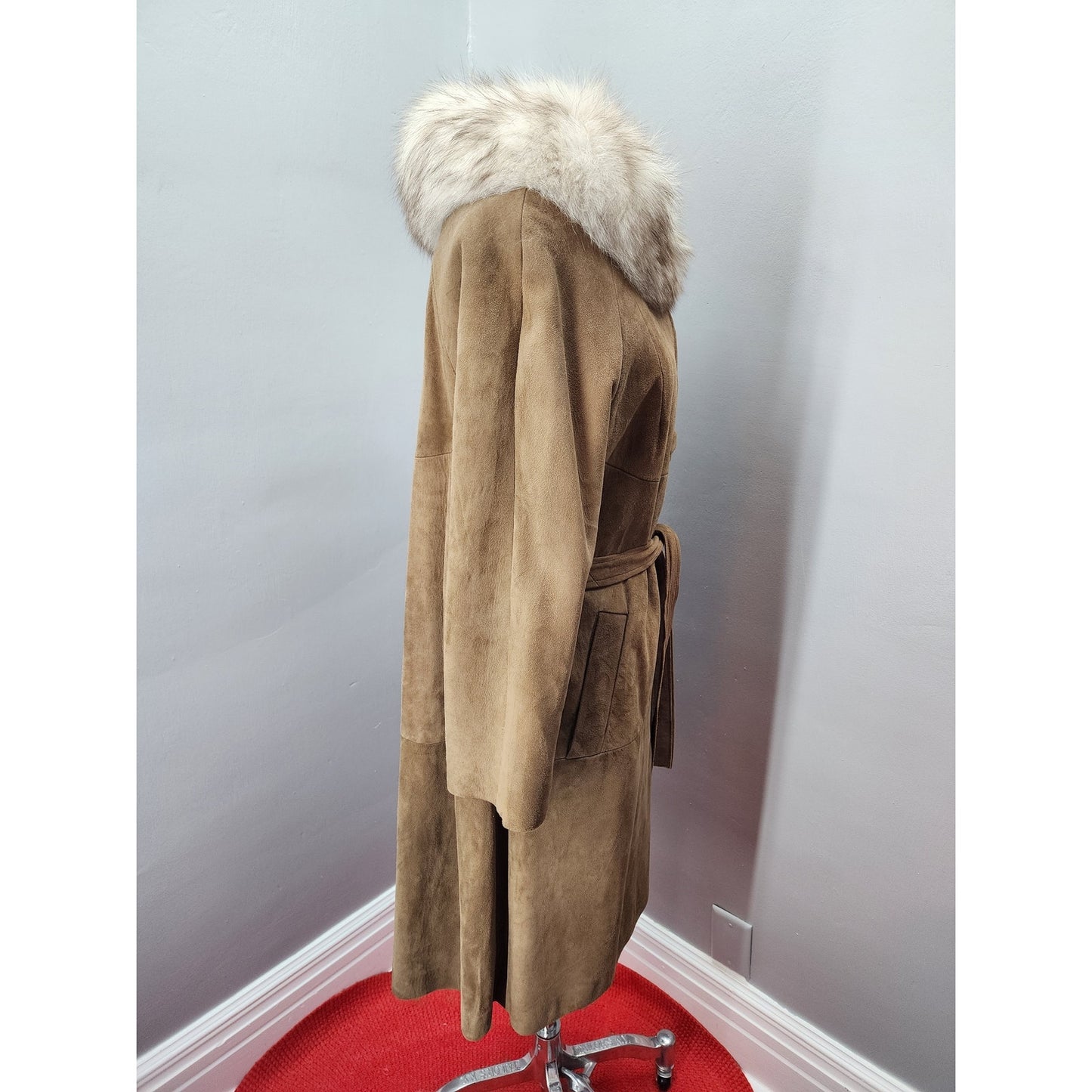 60s Vintage Suede Coat with Huge Silver Fox Collar - XL