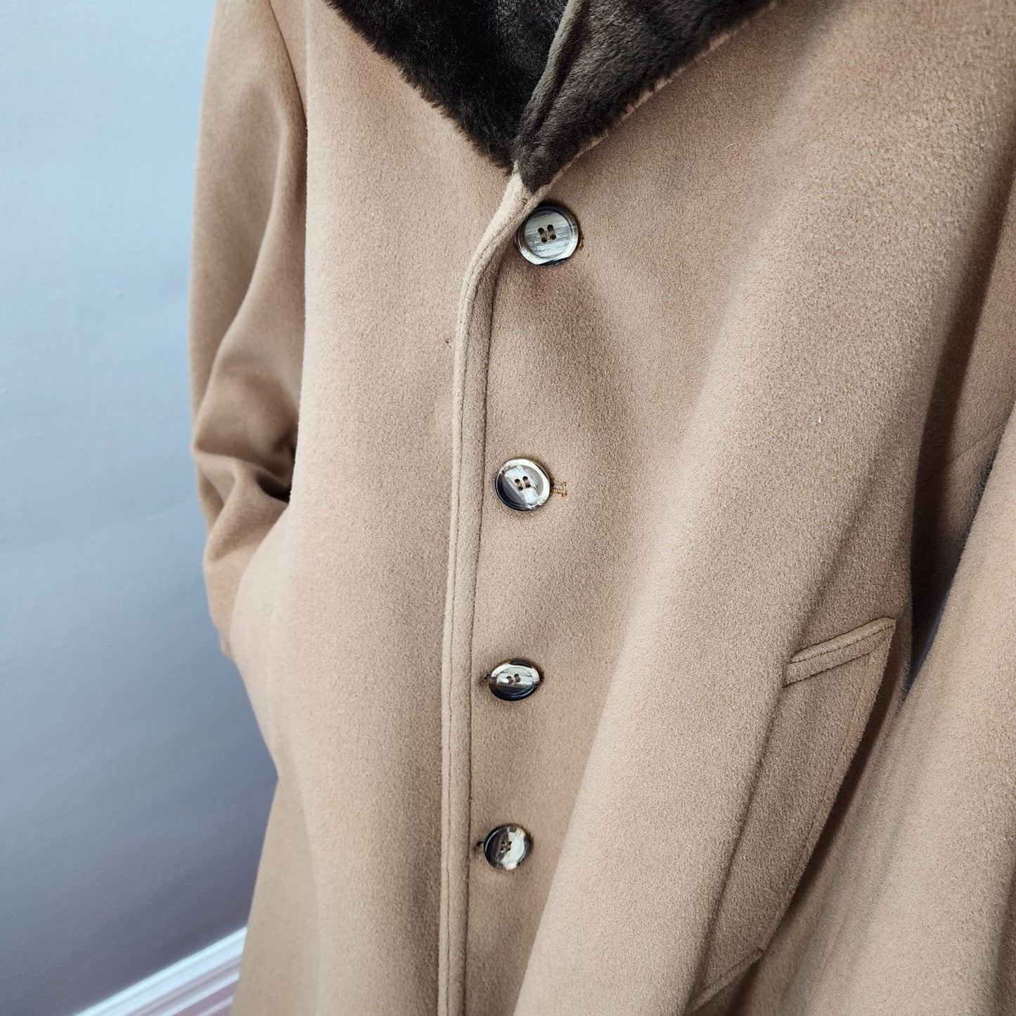 70s Vintage London Fog Men's Faux Fur Lined Coat, Camel - 44R