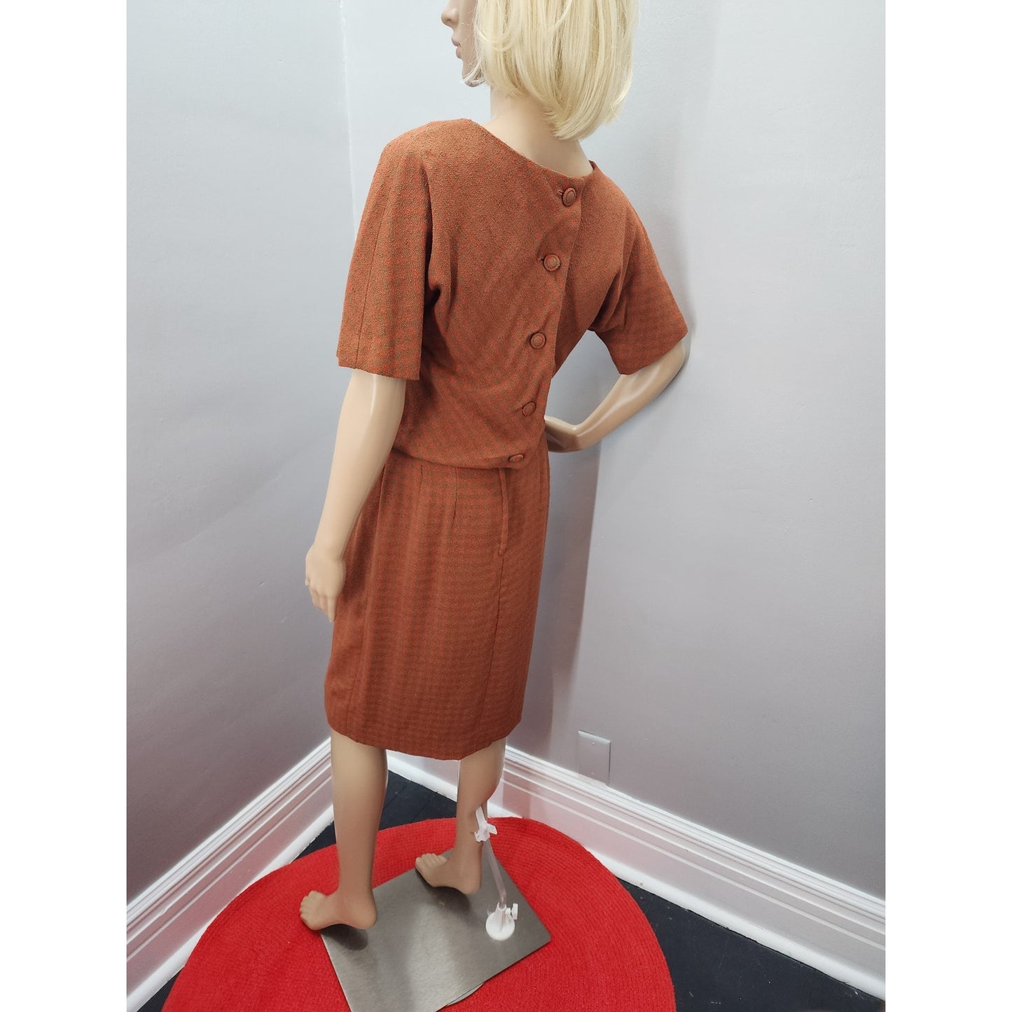 40s Vintage Domino Red & Brown Plaid lightweight Wool Blend Dress - S