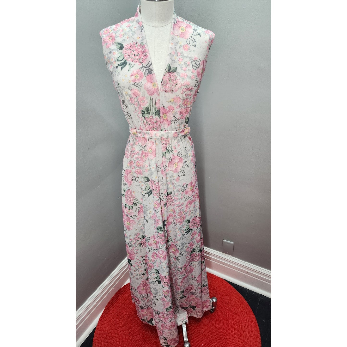 70s Vintage Handmade Poppy and Hydrangea Maxi - L Tall