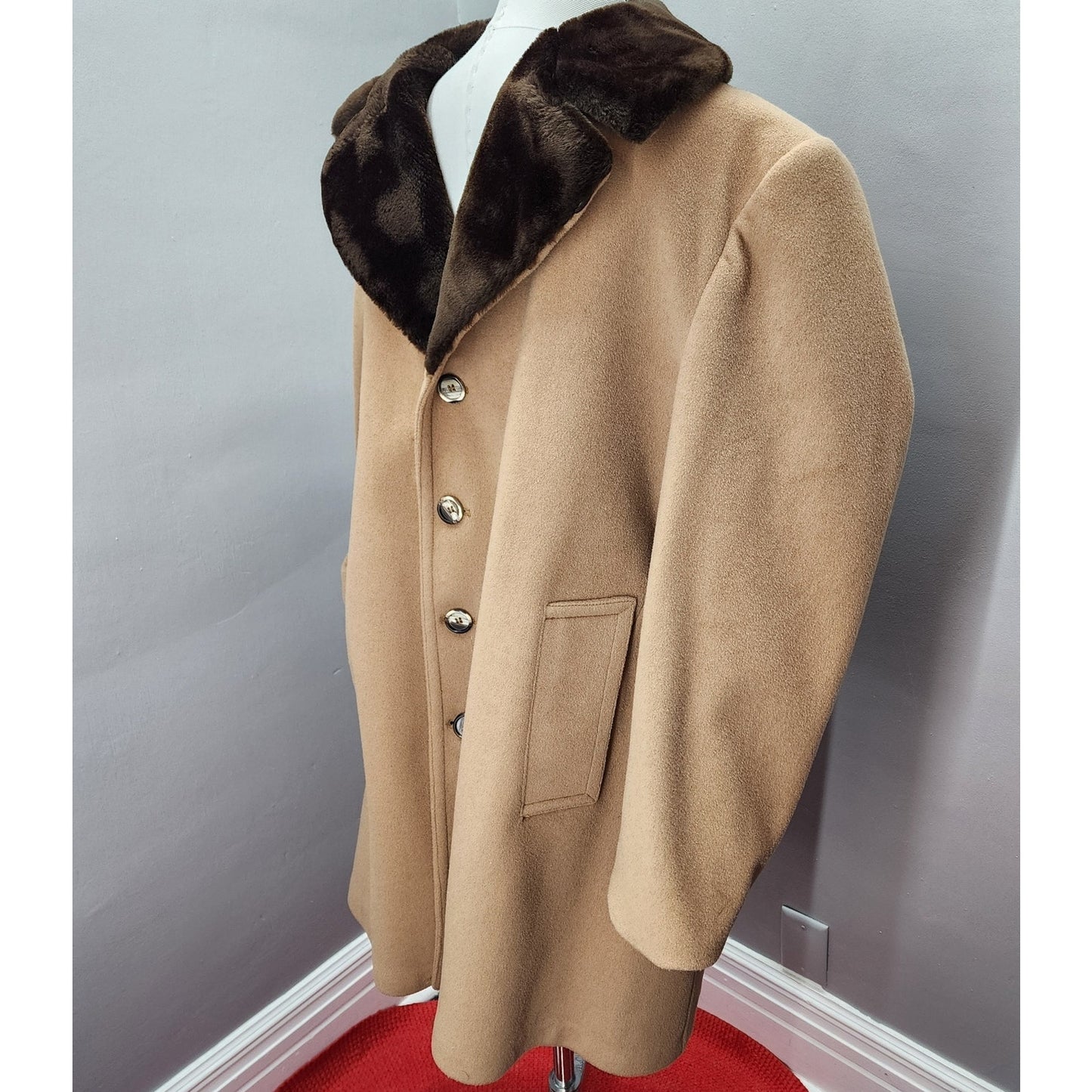 70s Vintage London Fog Men's Faux Fur Lined Coat, Camel - 44R