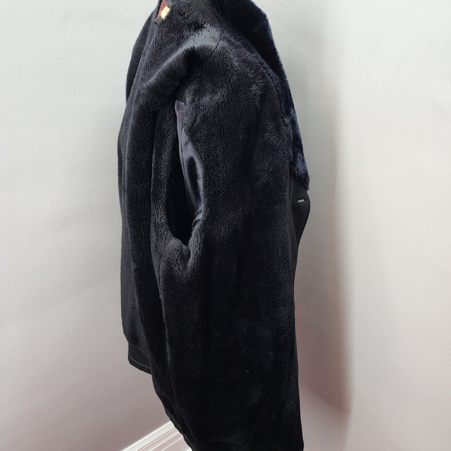 80s Men's Dan Jac Black Wool Winter Coat, Faux Fur - 46R