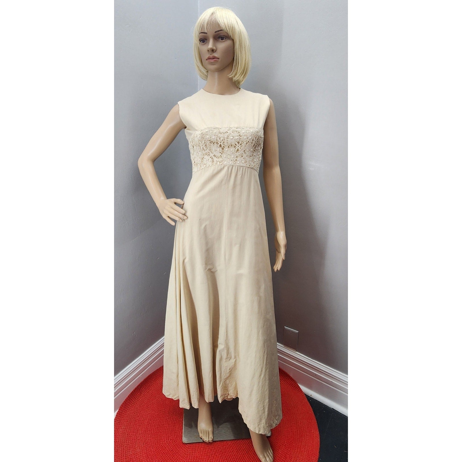 70s Vintage Ecru Cotton and Crochet Maxi Dress 