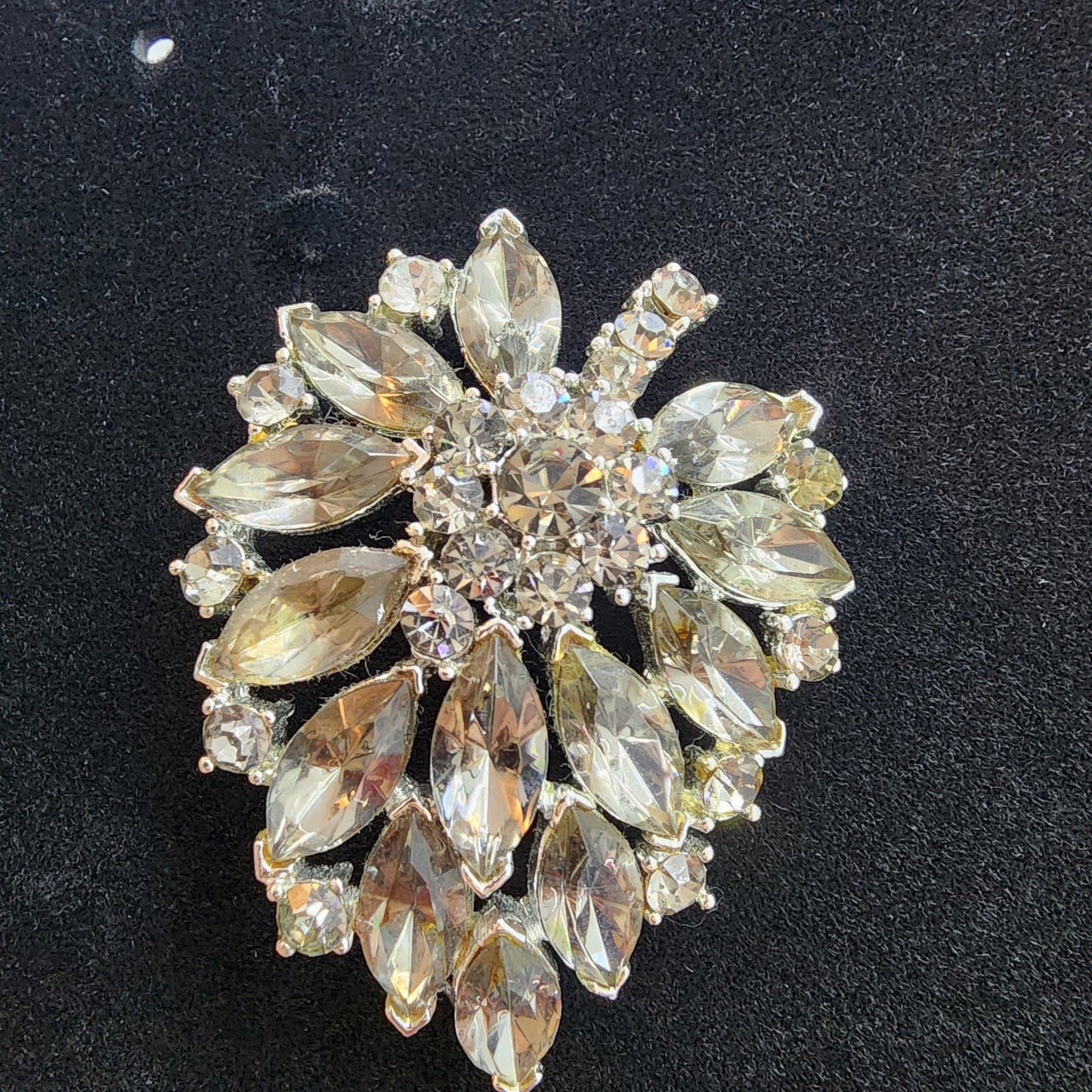 50s Vintage Weiss Lapel Brooch Pin, Smokey Grey Rhinestone, Silver Hardware