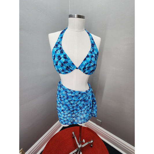 80s Vintage Swim Systems Bikini and Sarong Blue Daisy 