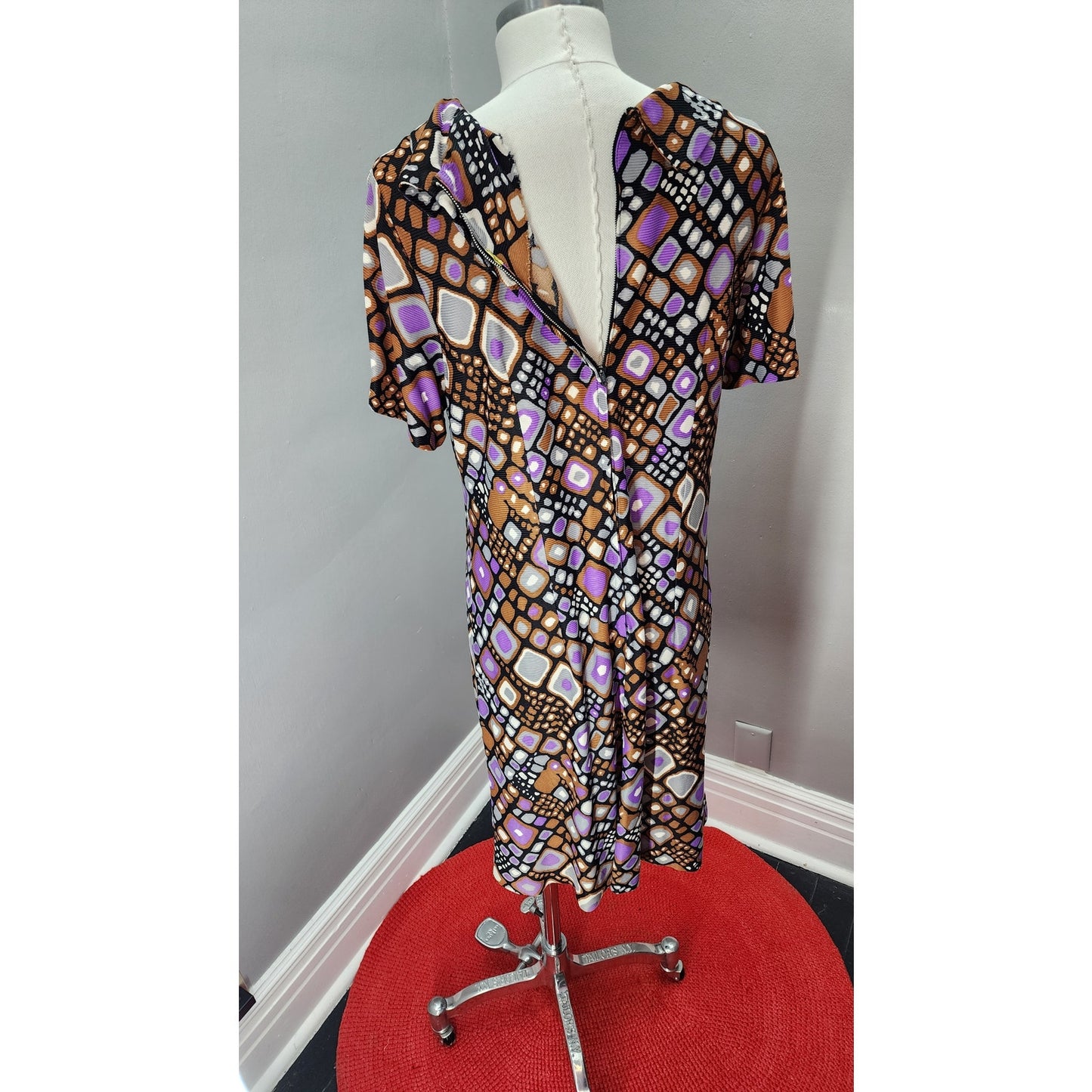 70s Vintage Geometric Shift Dress in Brown and Purple - L