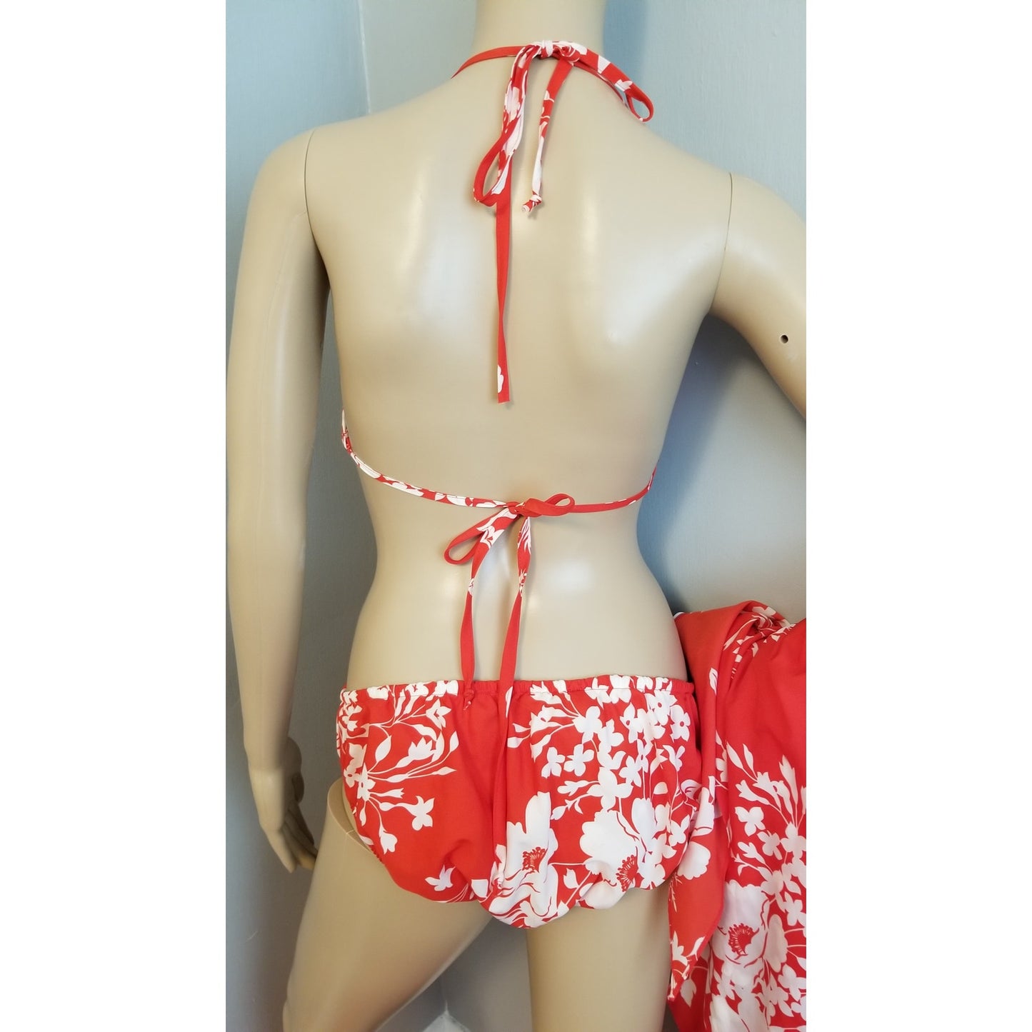 70s Vintage Hilo Hattie Red and White Bikini Swim / Sarong Set - XL