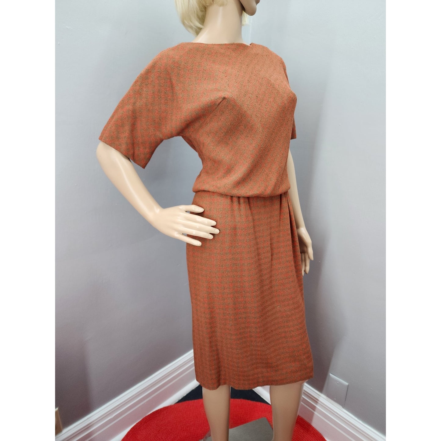 40s Vintage Domino Red & Brown Plaid lightweight Wool Blend Dress - S