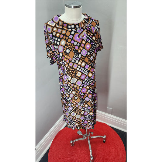 70s Vintage Geometric Shift Dress in Brown and Purple - L