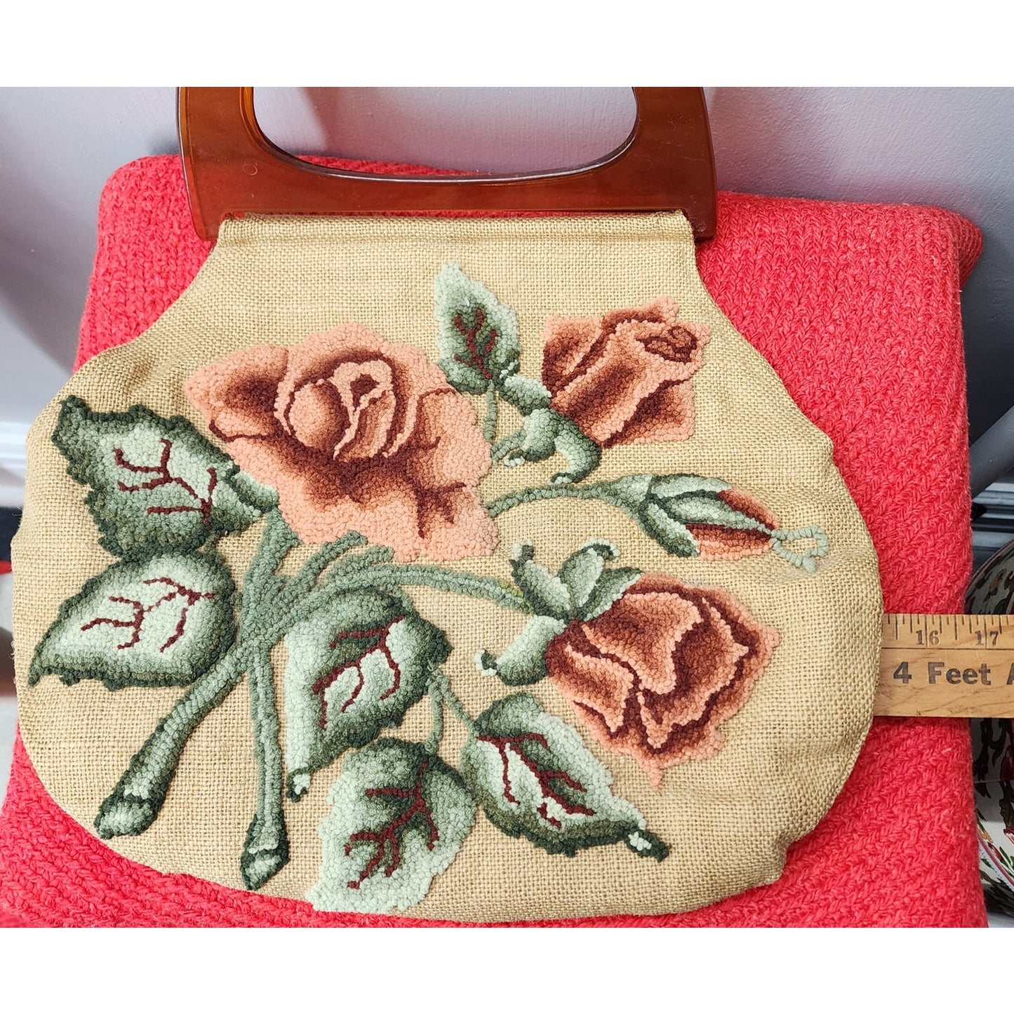70s Vintage Handmade Sac Purse, Embroidery on Burlap, Large